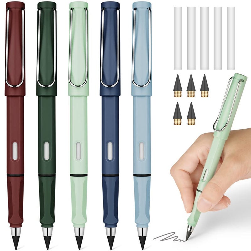 Ainiv Inkless Pencil with Eraser, 5 Sets Infinity Pencil Everlasting Pencil, Reusable Infinite Pencil with Extra 5 Eraser & 5 Replaceable Nibs, Endless Pencil for Home Office School Writing Drawing - Image 1