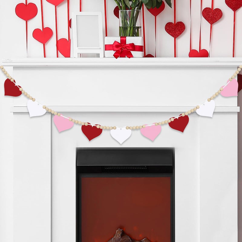 Hedeey 4.5 FT Valentines Day Heart Garland for Decorations, Wood Red Pink White Garland with Beads NO DIY, Hearts Valentineâ€™s Banner Garlands for Mantle, Fireplace, Party Home Decor ï¼ˆHeartï¼‰ - Image 1