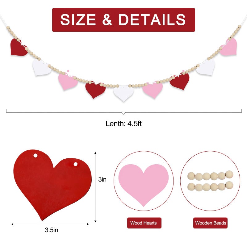 Hedeey 4.5 FT Valentines Day Heart Garland for Decorations, Wood Red Pink White Garland with Beads NO DIY, Hearts Valentineâ€™s Banner Garlands for Mantle, Fireplace, Party Home Decor ï¼ˆHeartï¼‰ - Image 3