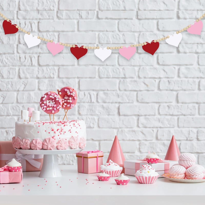 Hedeey 4.5 FT Valentines Day Heart Garland for Decorations, Wood Red Pink White Garland with Beads NO DIY, Hearts Valentineâ€™s Banner Garlands for Mantle, Fireplace, Party Home Decor ï¼ˆHeartï¼‰ - Image 4