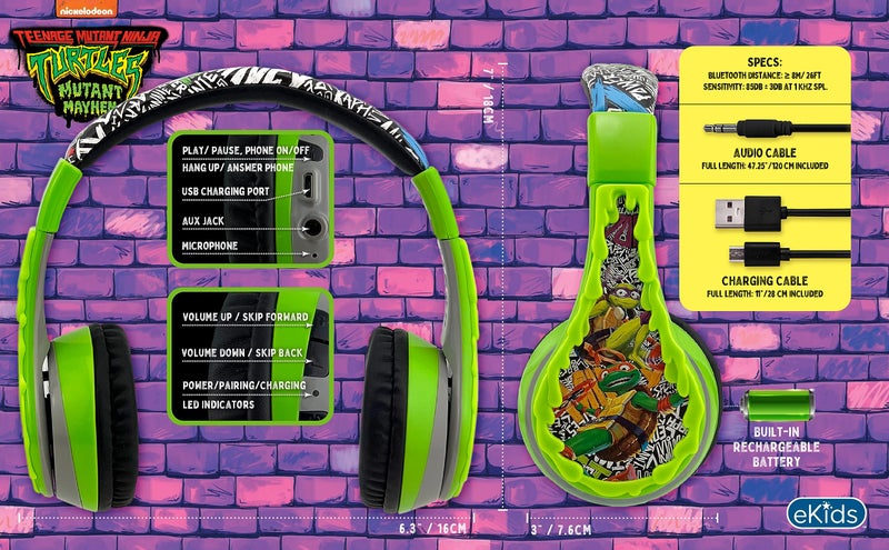 eKids Teenage Mutant Ninja Turtles Wireless Headphones for Kids, Bluetooth Headphones with Microphone Includes Aux Cord, Great - Image 4