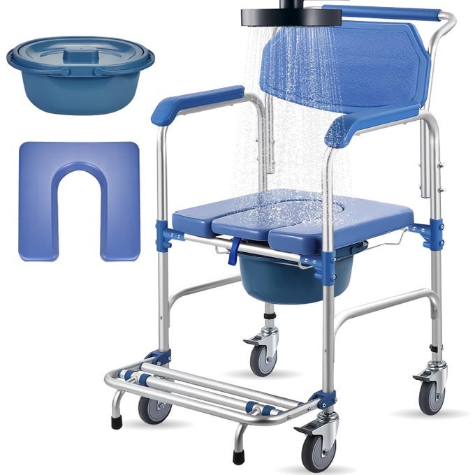 4-IN-1 ROLLING SHOWER CHAIR WITH WHEELS,WATERPROOF DISABLED WHEELED BATHROOM SHOWER CHAIR FOR ELDERLY,COMMODE TOILET CHAIR WITH REMOVABLE BUCKET, BEDSIDE COMMODE CHAIR ON WHEELS FOR THE DISABLED