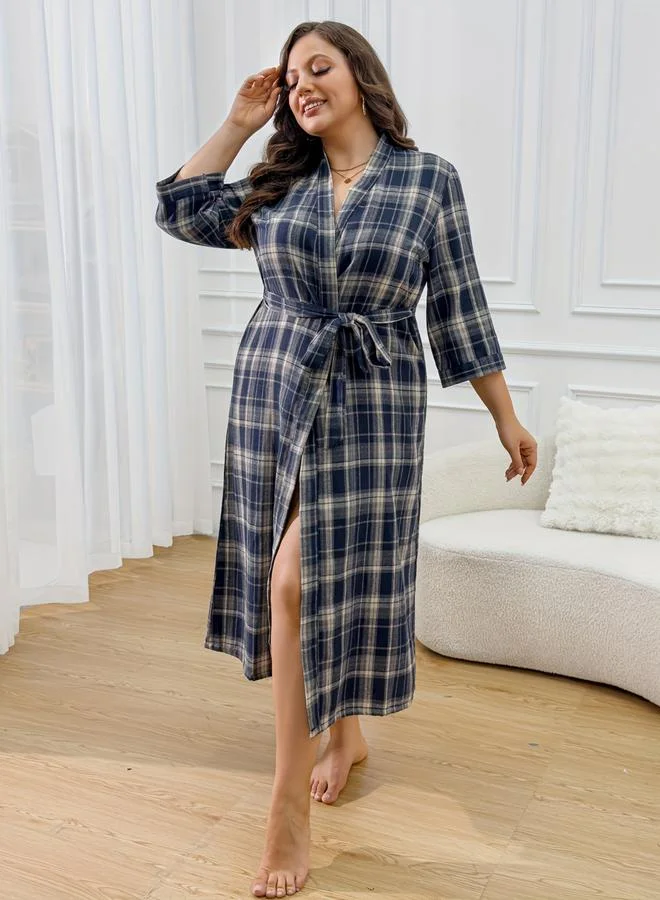 Take Two  Plus Size Plaid Robe with Tie-Belt for Women | Best Price UAE