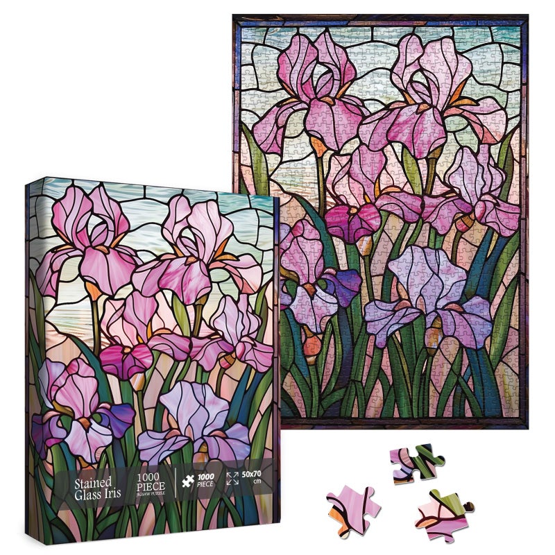 Larkipuzz Stained Glass Iris Flower Puzzles for Adults 1000 Pieces Art Gradient Mosaic Wildflower Pages Jigsaw Puzzles Difficult Pretty Purple Floral Plant Puzzle - Image 3