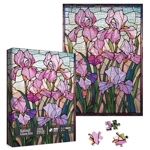 Larkipuzz Stained Glass Iris Flower Puzzles for Adults 1000 Pieces Art Gradient Mosaic Wildflower Pages Jigsaw Puzzles Difficult Pretty Purple Floral Plant Puzzle - Image 1