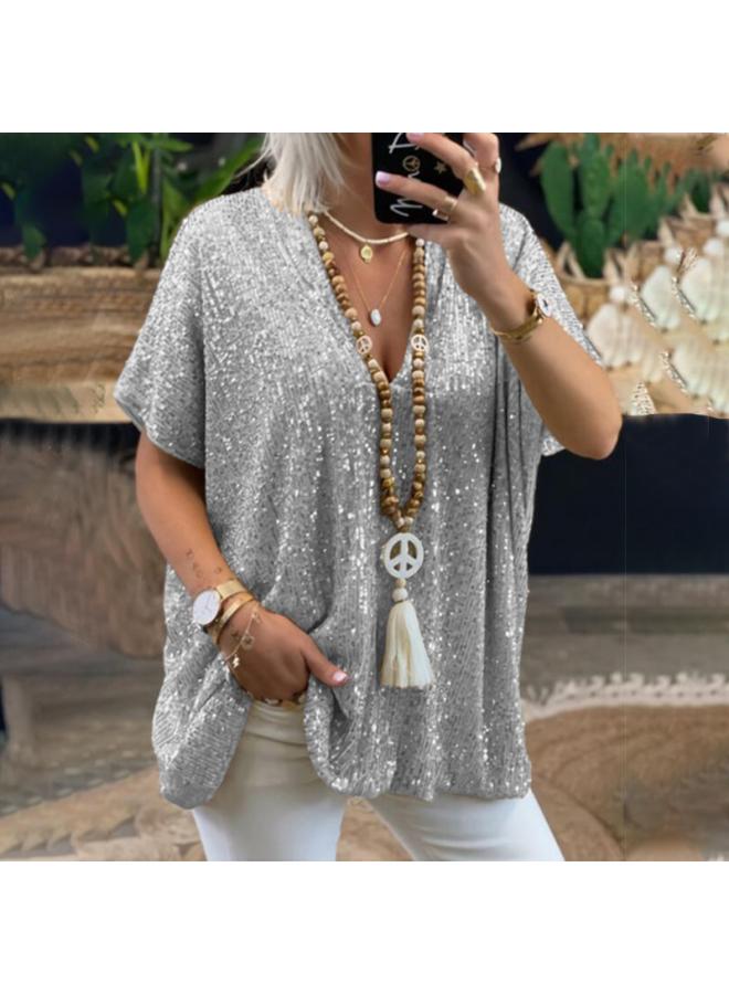 New European And American Short-sleeved Urban Casual Loose Pullover Sequined V-neck T-shirt Top Women's Clothing 