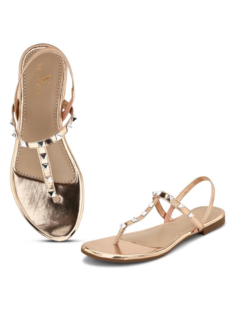 XE Looks Women's Gold Studded Flat Sandals | Slip-On Design with Trendy Metallic Stud Straps | Comfortable & Soft Footbed | Flat Sandals For Girls & Women - Image 1
