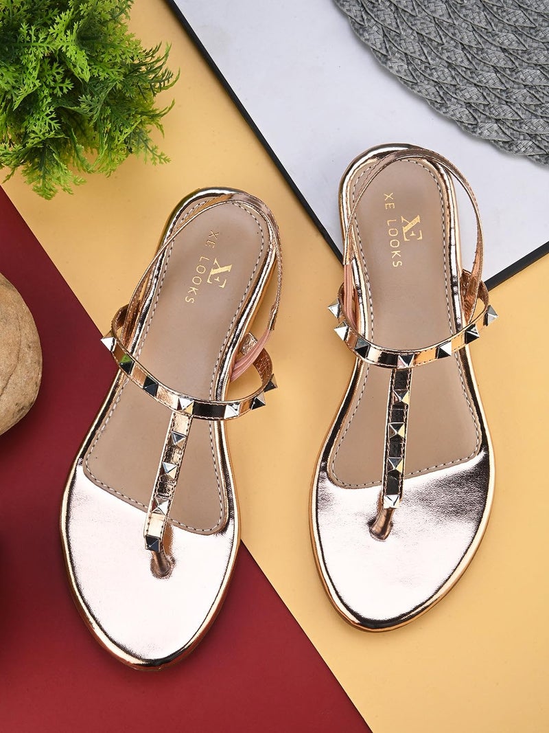 XE Looks Women's Gold Studded Flat Sandals | Slip-On Design with Trendy Metallic Stud Straps | Comfortable & Soft Footbed | Flat Sandals For Girls & Women - Image 4
