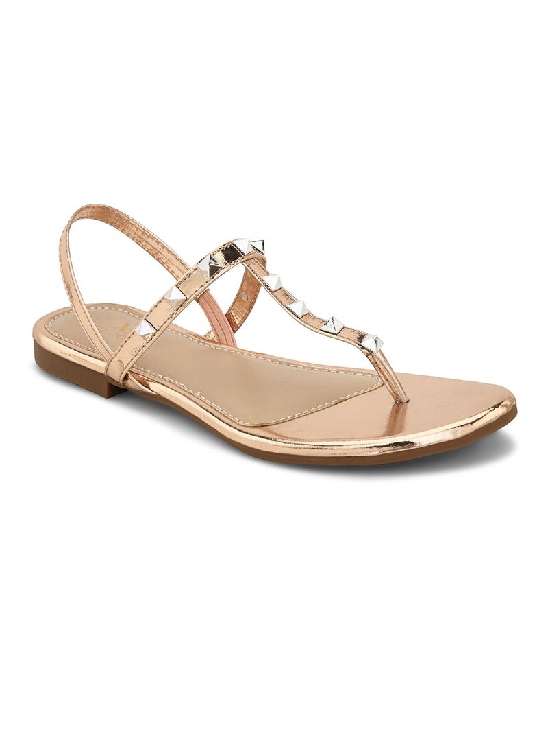 XE Looks Women's Gold Studded Flat Sandals | Slip-On Design with Trendy Metallic Stud Straps | Comfortable & Soft Footbed | Flat Sandals For Girls & Women - Image 5