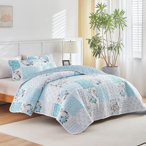 Joyreap 3 Pieces Floral Patchwork Quilt Set Queen Blue n White Flowers Design Soft n Cozy Microfiber Quilt Bedspread Bed Cover for All Season 1 Quilt and 2 Pillow Shams 90x90 inches - Image 3