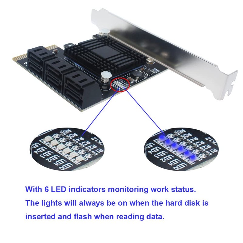BTBcoin بطاقة توسيع PCI-E X4 SATA 3.0 بـ 6 منافذ، وحدة تحكم توسيع 6Gbps مع 6 كابلات SATA وحامل منخفض الارتفاع، غير RAID (ASM1166) - Image 5