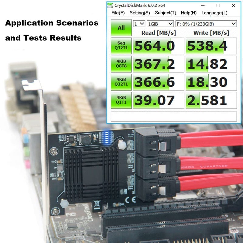 BTBcoin بطاقة توسيع PCI-E X4 SATA 3.0 بـ 6 منافذ، وحدة تحكم توسيع 6Gbps مع 6 كابلات SATA وحامل منخفض الارتفاع، غير RAID (ASM1166) - Image 4