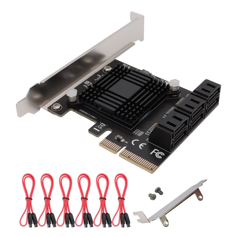 BTBcoin بطاقة توسيع PCI-E X4 SATA 3.0 بـ 6 منافذ، وحدة تحكم توسيع 6Gbps مع 6 كابلات SATA وحامل منخفض الارتفاع، غير RAID (ASM1166) - Image 1