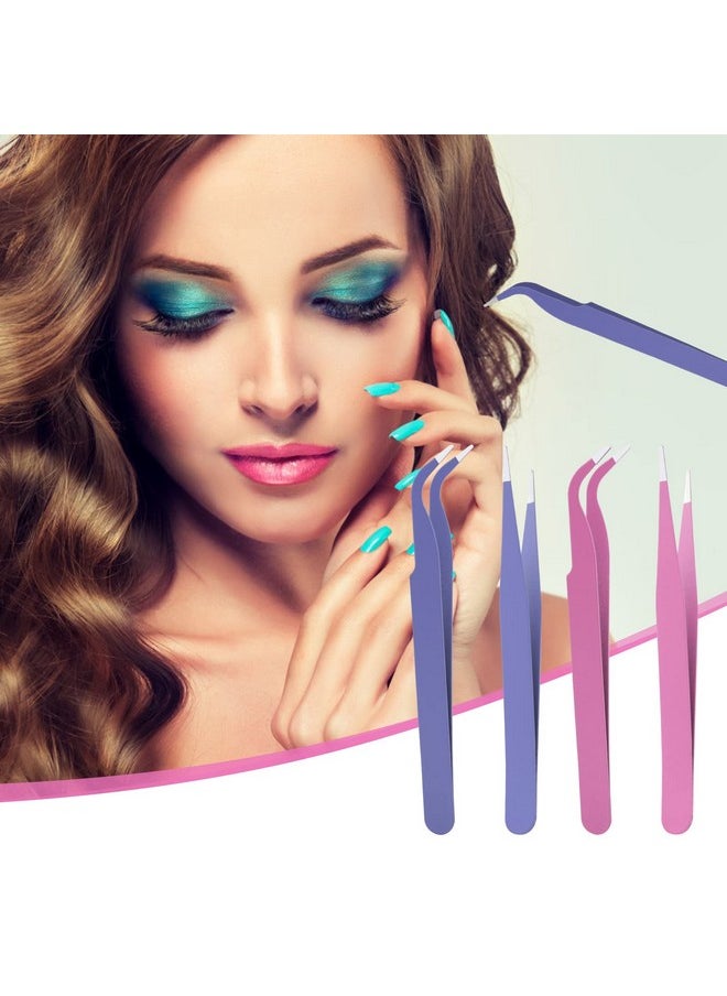 Prasacco - Rasacco 4 Pcs Straight Curved Tweezers Sticker Tweezers Craft Tweezers Eyelash Tweezers Nail Art Rhinestone Tweezers - Image 1