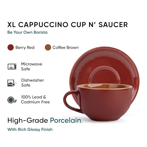 Shay Large Ceramic Coffee Cup Saucer Set, Burgundy, 320ml | Cappuccino Cup | Glossy Finish | Premium Porcelain | Microwave Safe (XL Cup Saucer - Burgundy) - Image 3