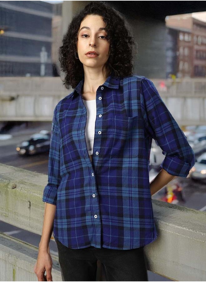 HIGH STAR - Women Shirts in Navy Blue featuring Oversized fit with a check pattern, spread collar collar, collar neckline, full sleeve, secured with button closure, crafted from 100% cotton – your go-to choice for effortless elegance. - Image 1