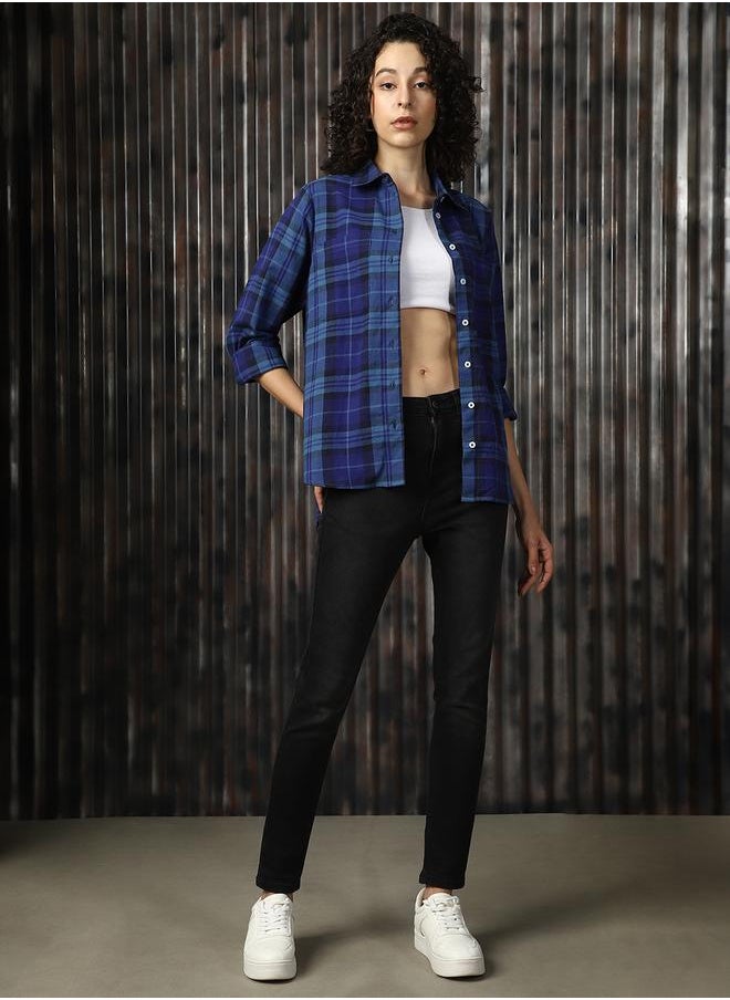 HIGH STAR - Women Shirts in Navy Blue featuring Oversized fit with a check pattern, spread collar collar, collar neckline, full sleeve, secured with button closure, crafted from 100% cotton – your go-to choice for effortless elegance. - Image 1