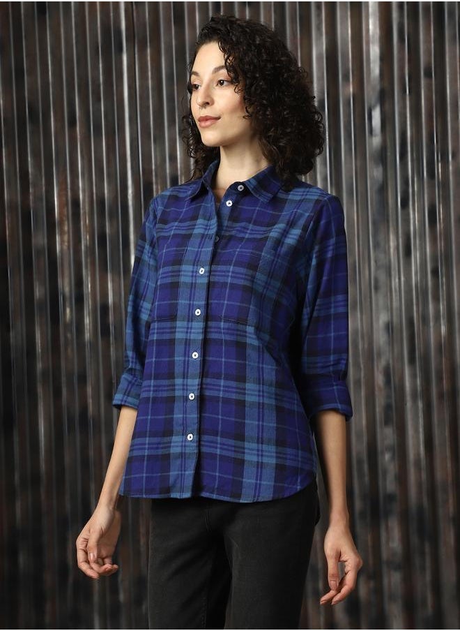 HIGH STAR - Women Shirts in Navy Blue featuring Oversized fit with a check pattern, spread collar collar, collar neckline, full sleeve, secured with button closure, crafted from 100% cotton – your go-to choice for effortless elegance. - Image 1