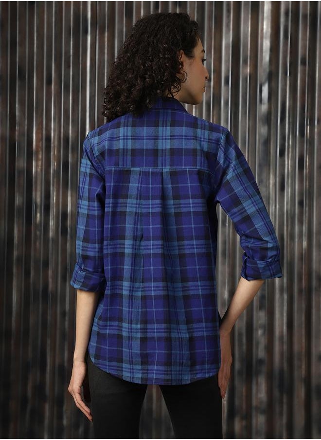 HIGH STAR - Women Shirts in Navy Blue featuring Oversized fit with a check pattern, spread collar collar, collar neckline, full sleeve, secured with button closure, crafted from 100% cotton – your go-to choice for effortless elegance. - Image 1