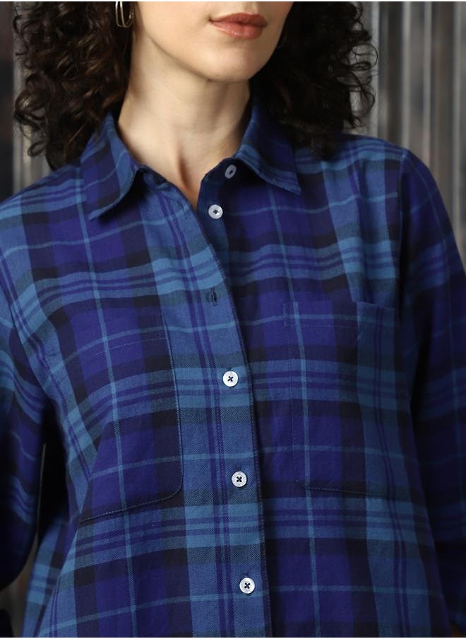 HIGH STAR - Women Shirts in Navy Blue featuring Oversized fit with a check pattern, spread collar collar, collar neckline, full sleeve, secured with button closure, crafted from 100% cotton – your go-to choice for effortless elegance. - Image 1