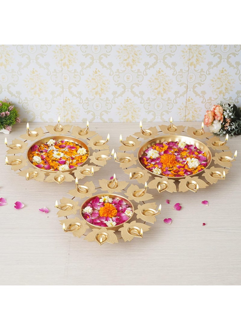 Webelkart Webelkart Premium Gold Polish Urli Bowl Set of 3 Lotus Diya Metal Urli Pot Potpourri Bowl for Home and Office Decor & Festival Gift Flowers for Pooja and Home Decoration  - Image 1
