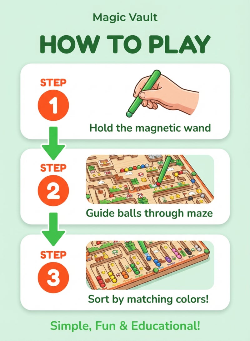 MAGIC VAULT لوحة متاهة خشبية مغناطيسية للأطفال - لعبة فرز الألوان والعد مع 2 قلم مغناطيسي، لعبة تعليمية، 30x30 سم - Image 4