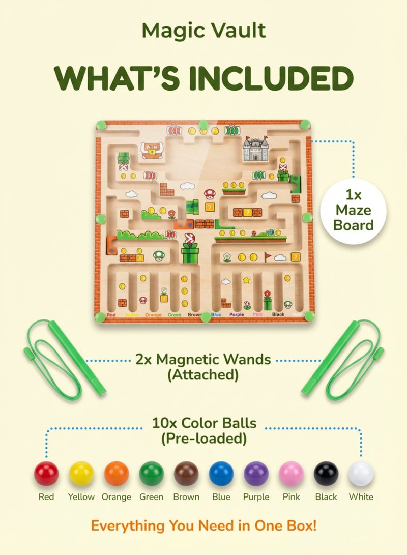 MAGIC VAULT لوحة متاهة خشبية مغناطيسية للأطفال - لعبة فرز الألوان والعد مع 2 قلم مغناطيسي، لعبة تعليمية، 30x30 سم - Image 2