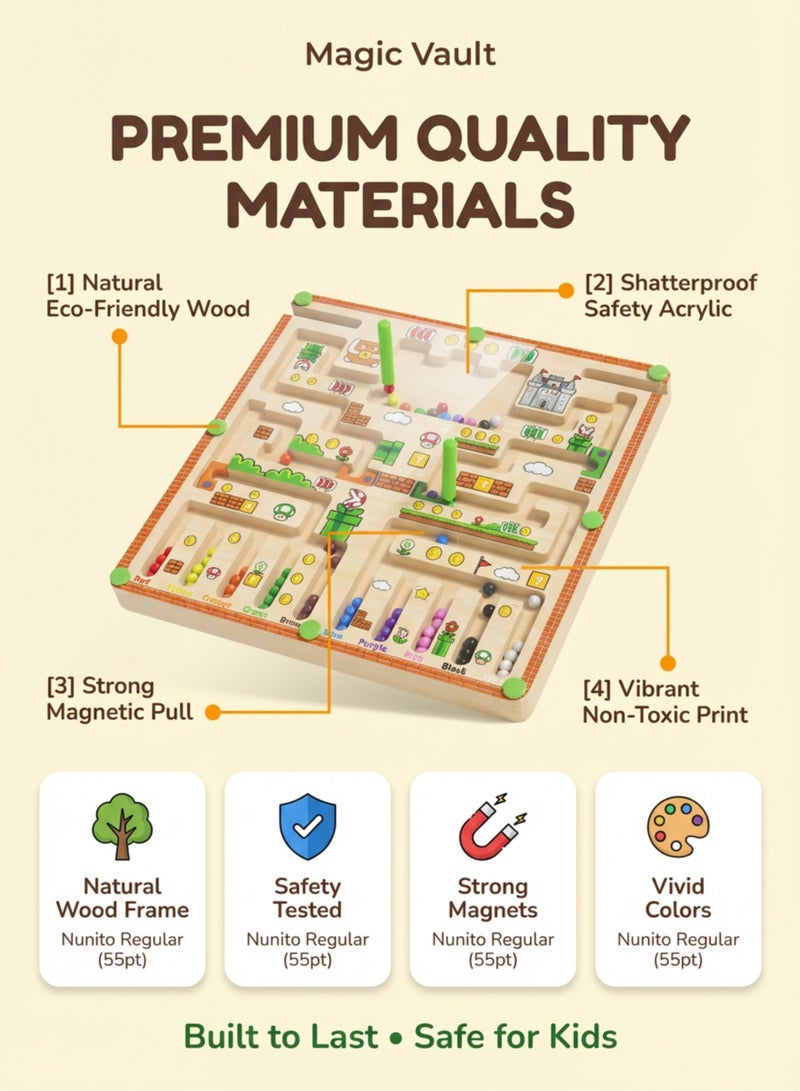 MAGIC VAULT لوحة متاهة خشبية مغناطيسية للأطفال - لعبة فرز الألوان والعد مع 2 قلم مغناطيسي، لعبة تعليمية، 30x30 سم - Image 3