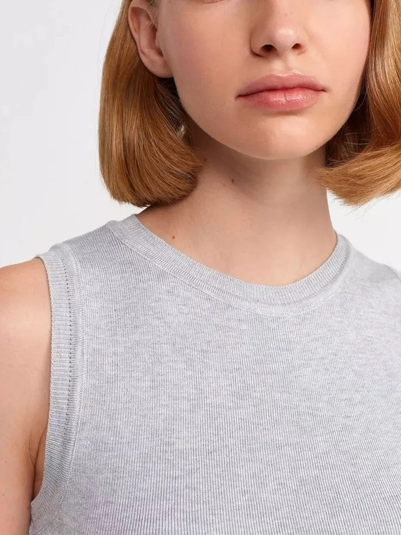 Hiccup Light Grey Knitted Crew Neck Crop Top for Women | Best Price UAE