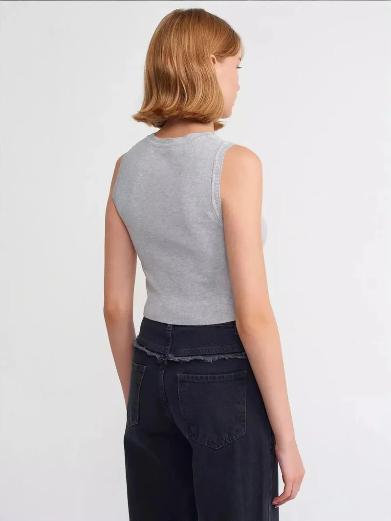 Hiccup Light Grey Knitted Crew Neck Crop Top for Women | Best Price UAE