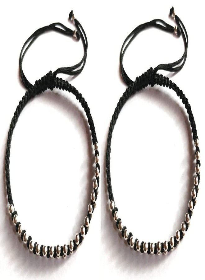 Jyokrish Handmade Adjustable Pair of 1 Black Thread With Artificial Silver beads work Anklet For Women | girls | Nazariya |Payal | Free Size |Pack of 2| Beads & Thread work - Image 1