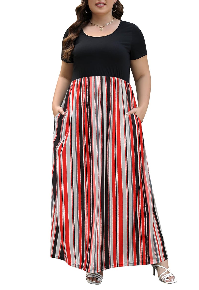 Nemidor Plus Size Maxi Dresses for Curvy Women Casual Summer Short Sleeve Chevron Print Long Dress with Pocket 14-26(155,20,Black+Red Stripe) - Image 1