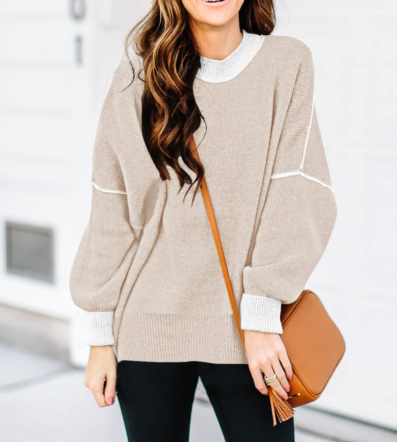ETCYY Womens Oversized Sweaters Fall 2026 Fashion Clothes Trendy Batwing Sleeve Colorblock Striped Knit Pullover Tops,Apricot,Medium - Image 4