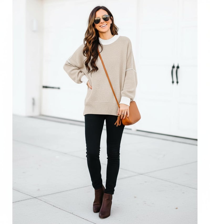 ETCYY Womens Oversized Sweaters Fall 2026 Fashion Clothes Trendy Batwing Sleeve Colorblock Striped Knit Pullover Tops,Apricot,Medium - Image 5