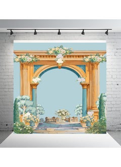 DHARA CREATION Dhara Creation Aesthetic Blue Gate 8ft 8ft Backdrop Curtain Cloth Pooja Decoration for Festivals and Celebrations Washable Fabric  - Image 1