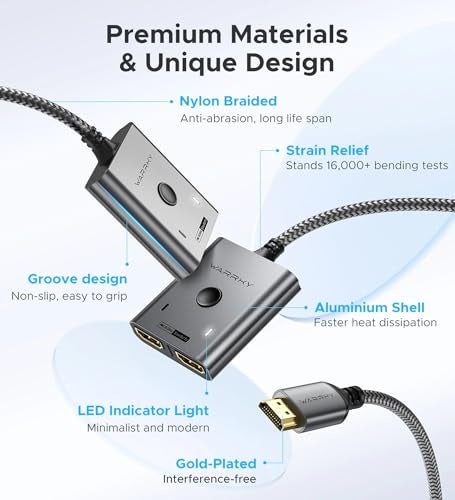 Warrky HDMI Switch 2 in 1 Out 4K@60Hz, WARRKY[with 3.3ft Fixed Braided HDMI Cable, Aluminum Case, 2K@144Hz, HDCP 2.2] Bidirectional 2x1 Switcher Splitter Compatible for PS5/4, Xbox, Roku, FireStick, Switch - Image 5
