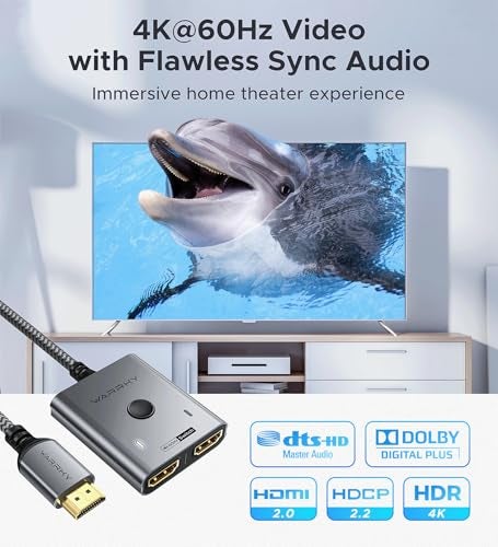 Warrky HDMI Switch 2 in 1 Out 4K@60Hz, WARRKY[with 3.3ft Fixed Braided HDMI Cable, Aluminum Case, 2K@144Hz, HDCP 2.2] Bidirectional 2x1 Switcher Splitter Compatible for PS5/4, Xbox, Roku, FireStick, Switch - Image 4