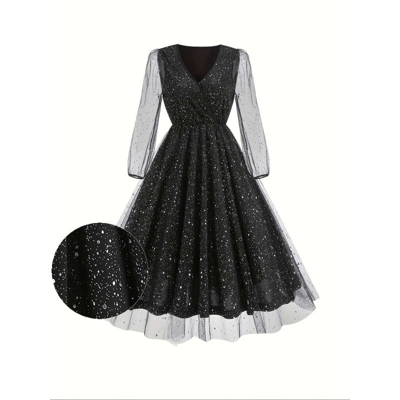 Women's Round Neck Elegant Slim Fit Solid Color Long Sleeve A-Line Dress - Image 1