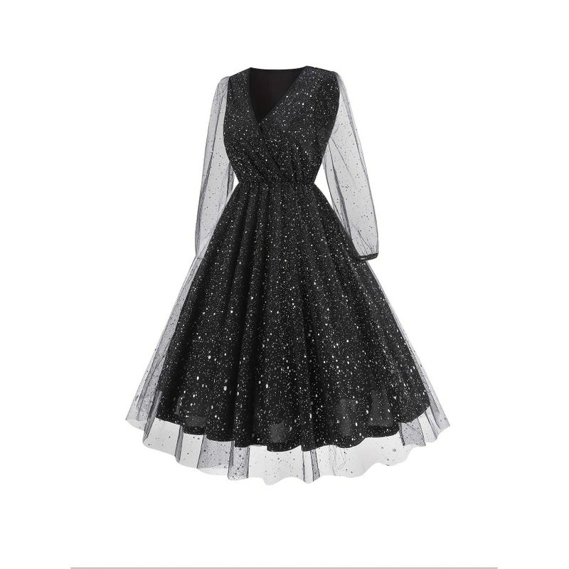 Women's Round Neck Elegant Slim Fit Solid Color Long Sleeve A-Line Dress - Image 2