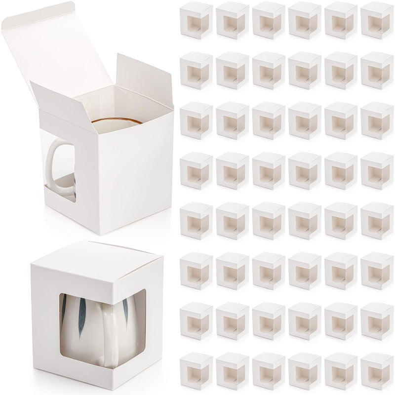 AVLA 50 Pack Gift Boxes for Sublimation Mugs, 4.3x4.3x5'' Small White Packaging, 12OZ 15OZ Transparent Cups Wrapping With Clear View Window, Cupcake Christmas Ornament Box for Wedding - Image 1