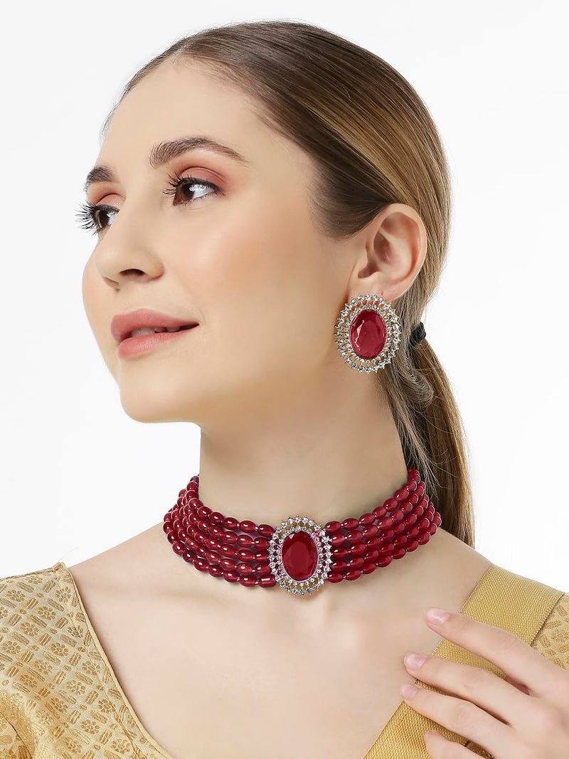 Oomph! طقم قلادة تشوكر عرقية متعددة الطبقات مع خرز أسود وأقراط دراسات للنساء والفتيات أنيقة وحديثة - Image 2