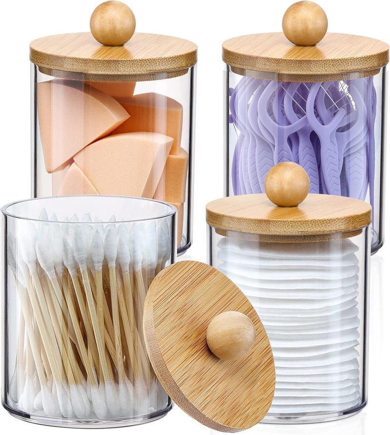 Soko 4 Grids Qtip Holder With Lid, Cotton Swab Storage Dispenser, Acrylic Vanity Cosmetic and Makeup Organizer - Bathroom Canister Accessories Set for Ball, Pads, Floss, Earbud - Transparent - Image 1