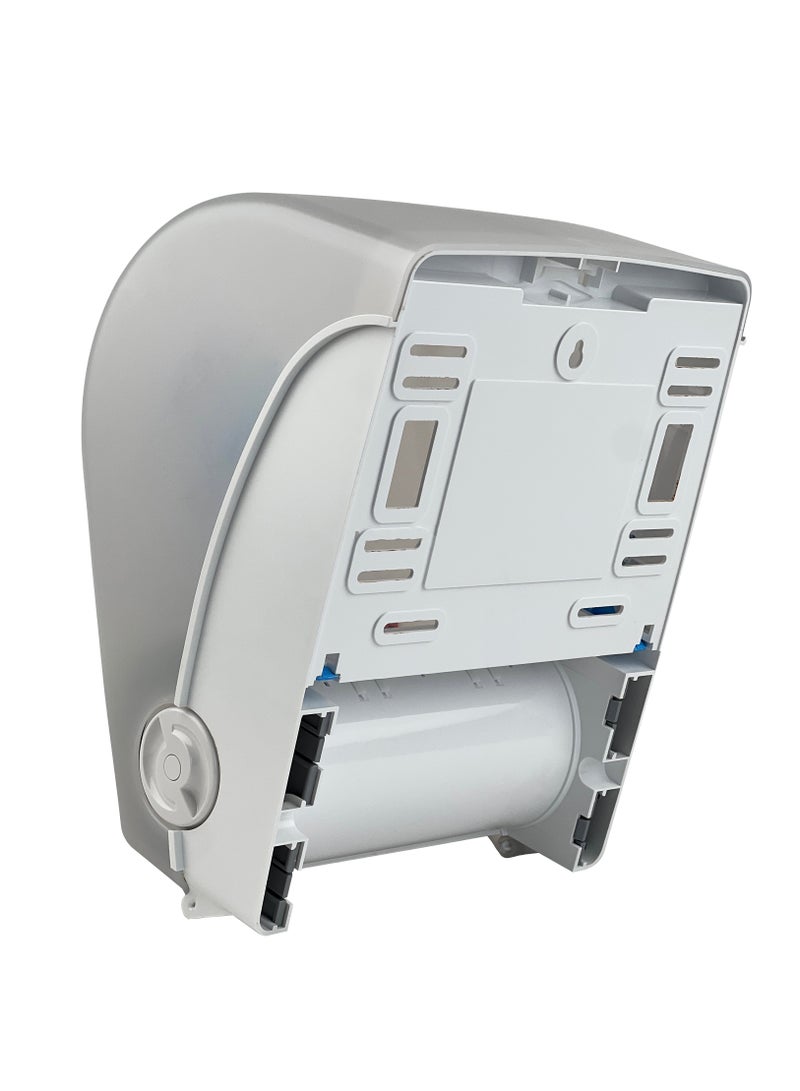 موزع الورق اليدوي | آلية توزيع مناديل الجامبو والماكسي رول ذات القطع التلقائي | قابل للتركيب على الحائط | مناسب للمنازل والحمامات والمطابخ والمزيد | أبيض - Image 4