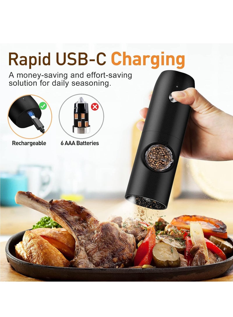 MIXDE Electric Salt and Pepper Grinder Set, Rechargeable Automatic Pepper Mill Grinder with LED Light, Adjustable Coarseness shakers, One-Hand Operation for Kitchen(2 Pack,Black+Black) - Image 2