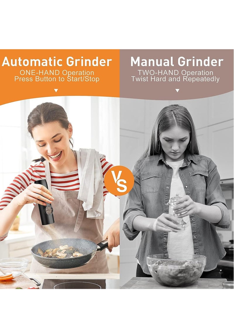 MIXDE Electric Salt and Pepper Grinder Set, Rechargeable Automatic Pepper Mill Grinder with LED Light, Adjustable Coarseness shakers, One-Hand Operation for Kitchen(2 Pack,Black+Black) - Image 3