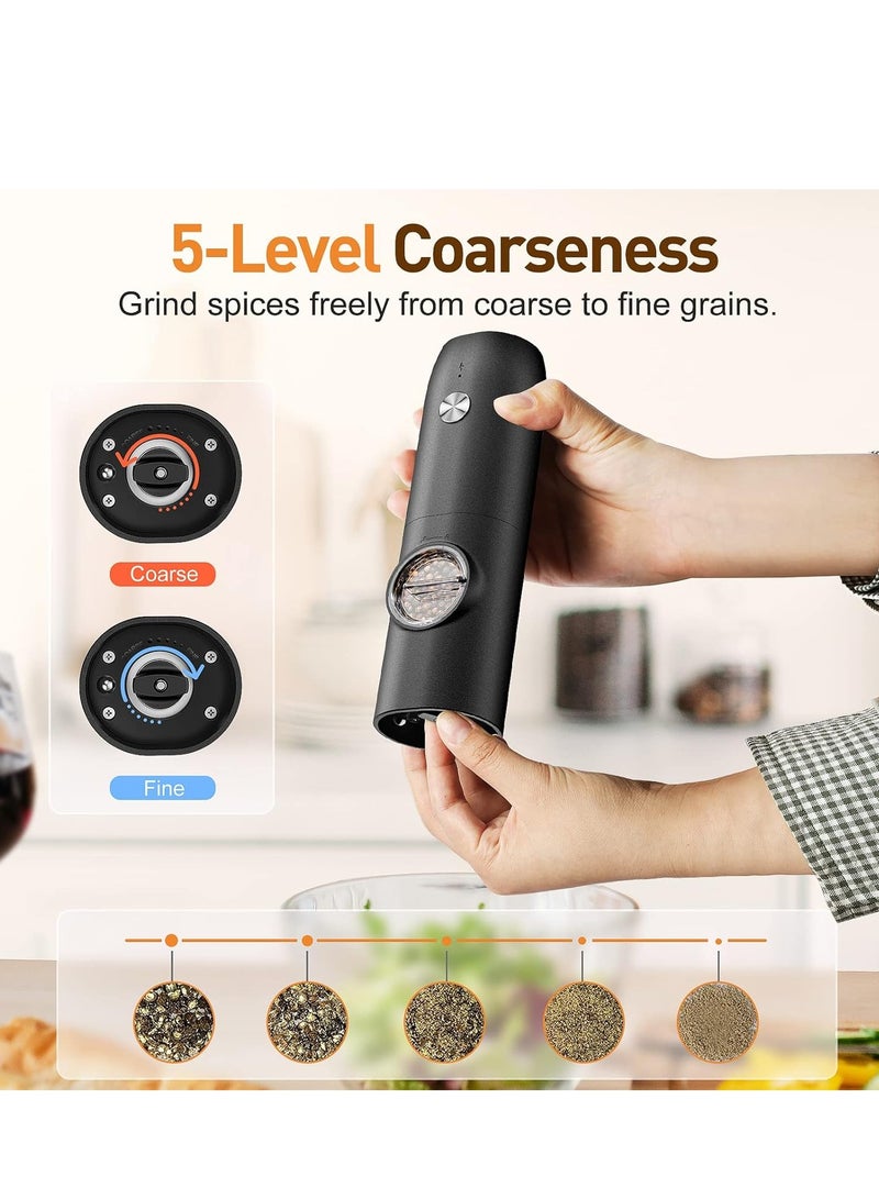 MIXDE Electric Salt and Pepper Grinder Set, Rechargeable Automatic Pepper Mill Grinder with LED Light, Adjustable Coarseness shakers, One-Hand Operation for Kitchen(2 Pack,Black+Black) - Image 4