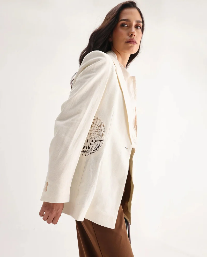 Rareism Women's Linen Blazer With Lace Patch