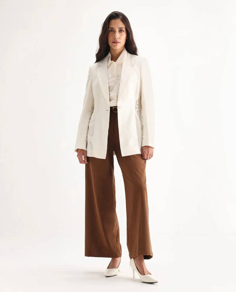 Rareism Women's Linen Blazer With Lace Patch