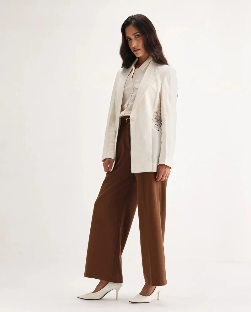 Rareism Women's Linen Blazer With Lace Patch