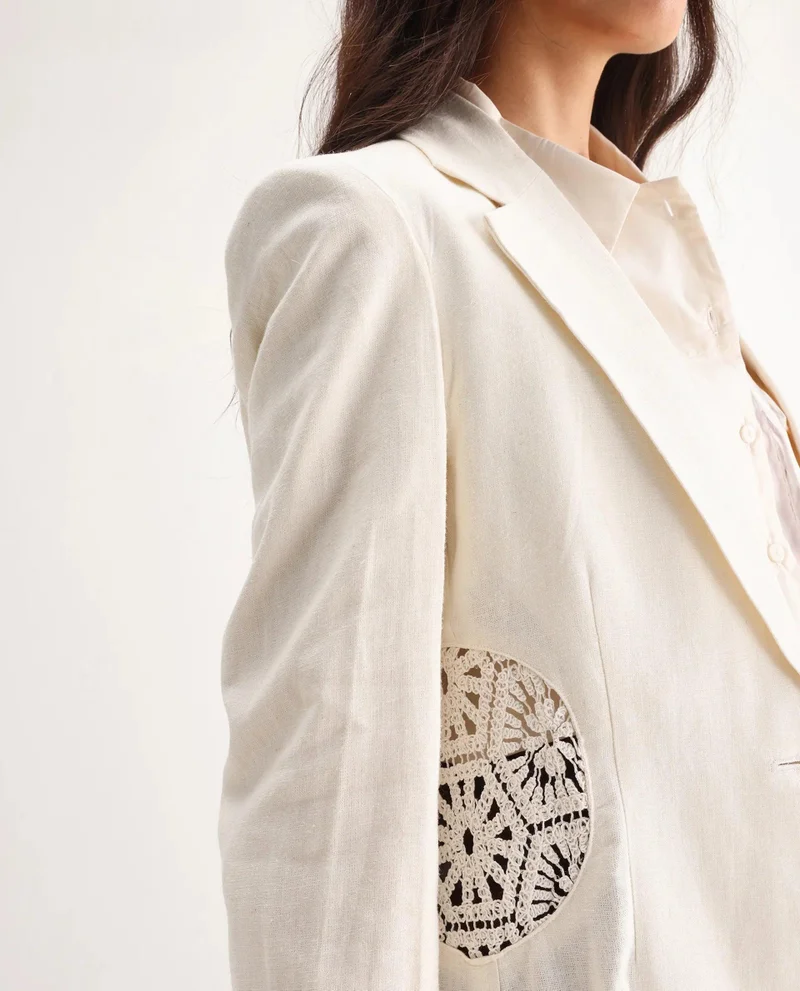 Rareism Women's Linen Blazer With Lace Patch